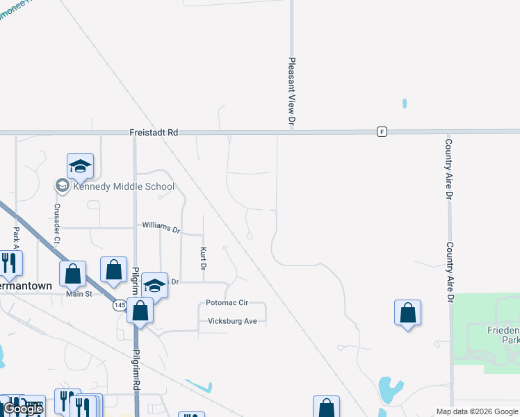 map of restaurants, bars, coffee shops, grocery stores, and more near 11716 Valley Court in Germantown
