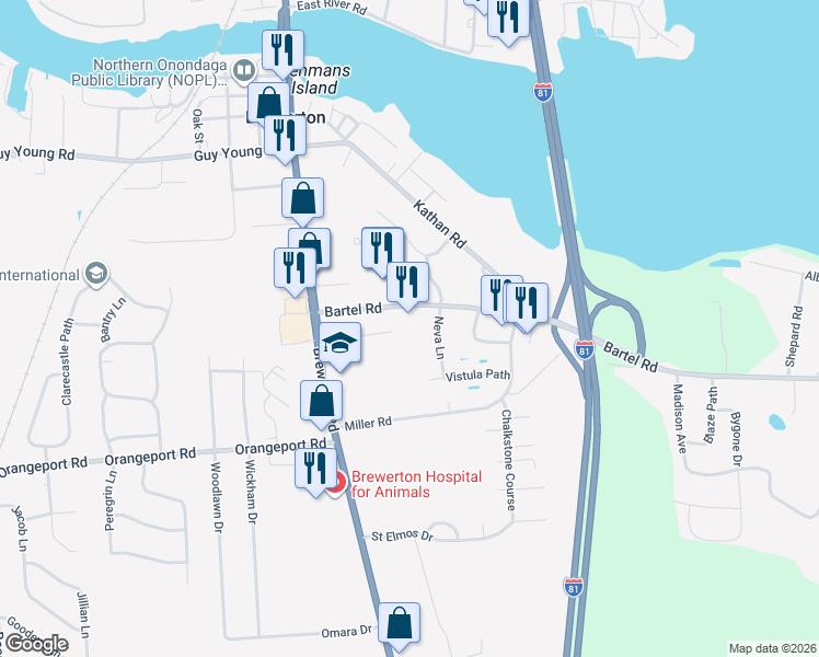 map of restaurants, bars, coffee shops, grocery stores, and more near 5500 Bartel Road in Brewerton