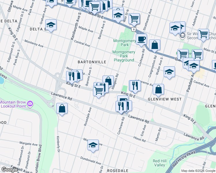 map of restaurants, bars, coffee shops, grocery stores, and more near 1900 King Street East in Hamilton