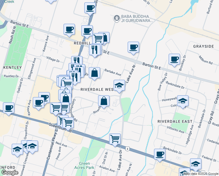 map of restaurants, bars, coffee shops, grocery stores, and more near 157 Lake Avenue in Hamilton
