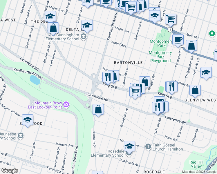 map of restaurants, bars, coffee shops, grocery stores, and more near 1794 King Street East in Hamilton