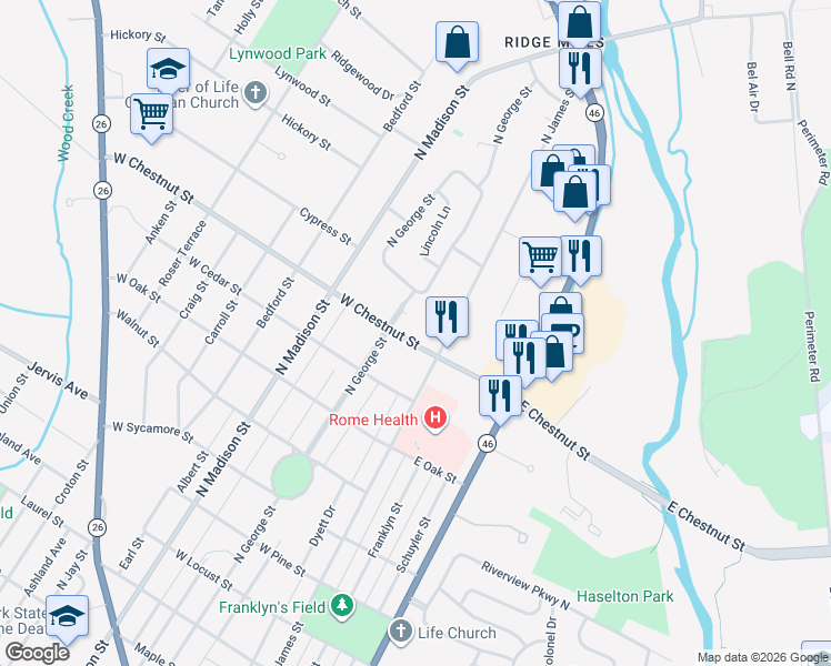 map of restaurants, bars, coffee shops, grocery stores, and more near 104 West Chestnut Street in Rome
