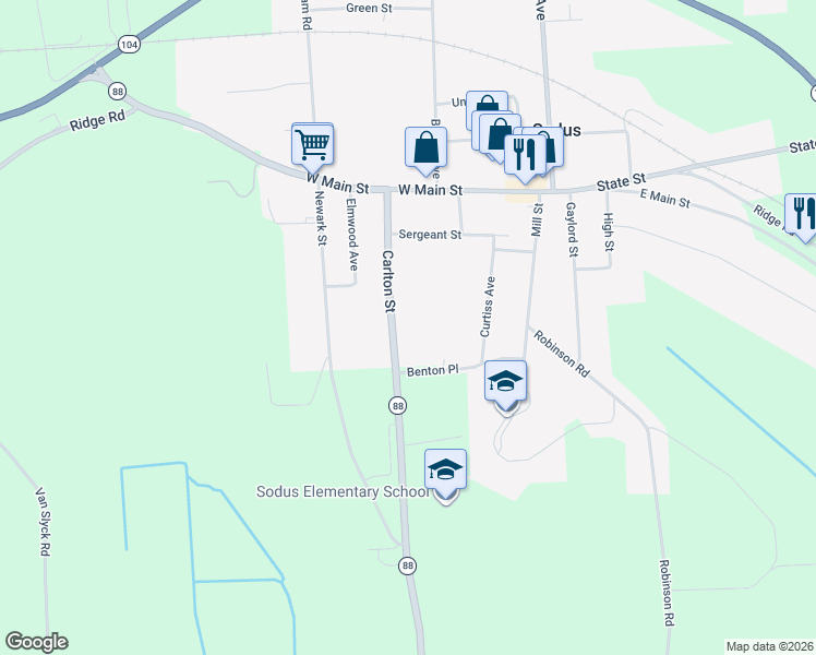 map of restaurants, bars, coffee shops, grocery stores, and more near 52 Carlton Street in Sodus