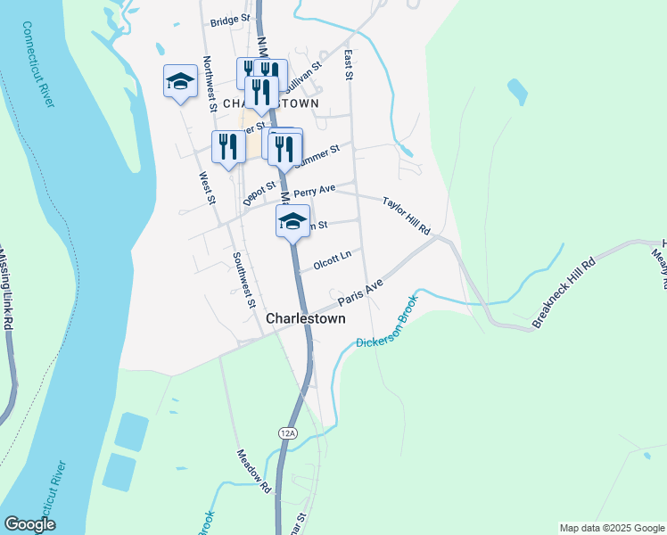 map of restaurants, bars, coffee shops, grocery stores, and more near 52 Olcott Lane in Charlestown