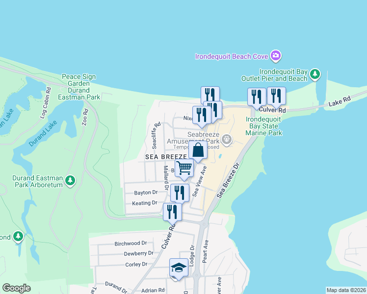 map of restaurants, bars, coffee shops, grocery stores, and more near 228 Pinehill Drive in Irondequoit
