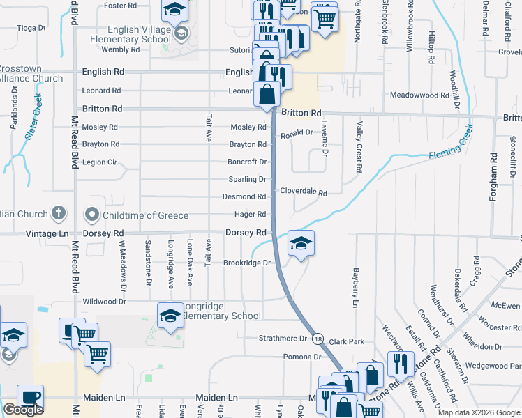 map of restaurants, bars, coffee shops, grocery stores, and more near 3393 Dewey Avenue in Rochester