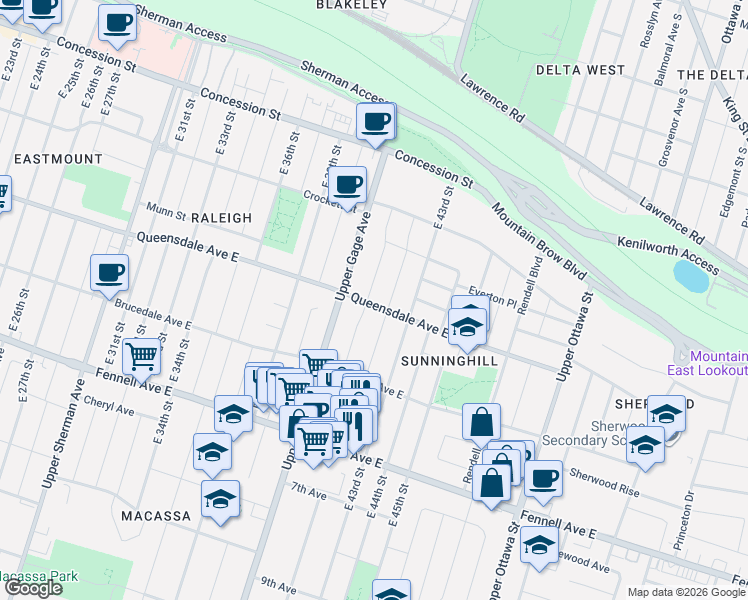 map of restaurants, bars, coffee shops, grocery stores, and more near 63 East 41st Street in Hamilton