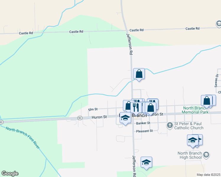 map of restaurants, bars, coffee shops, grocery stores, and more near 6827 Spring Street in North Branch