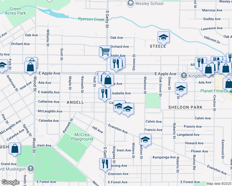 map of restaurants, bars, coffee shops, grocery stores, and more near 846 Catherine Avenue in Muskegon