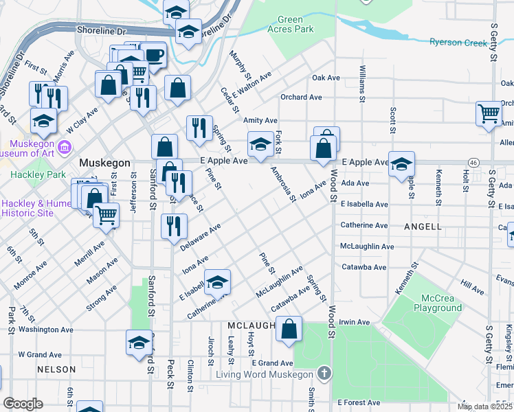 map of restaurants, bars, coffee shops, grocery stores, and more near 1162 Pine Street in Muskegon