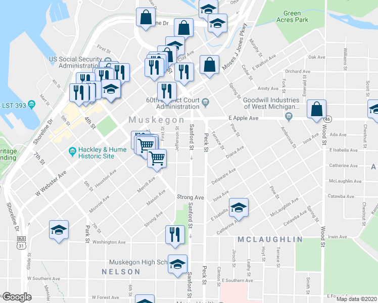 map of restaurants, bars, coffee shops, grocery stores, and more near 1143 Sanford Street in Muskegon
