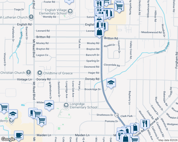 map of restaurants, bars, coffee shops, grocery stores, and more near 72 Dorsey Road in Rochester