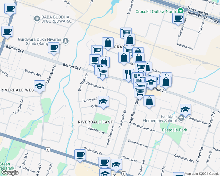 map of restaurants, bars, coffee shops, grocery stores, and more near 93 Berkindale Drive in Hamilton