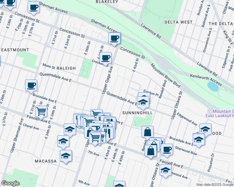 map of restaurants, bars, coffee shops, grocery stores, and more near 136 East 42nd Street in Hamilton