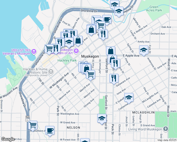 map of restaurants, bars, coffee shops, grocery stores, and more near 1144 3rd Street in Muskegon