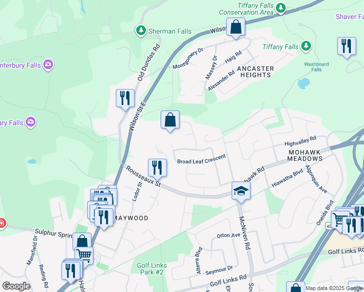 map of restaurants, bars, coffee shops, grocery stores, and more near 127 Briar Hill Crescent in Hamilton
