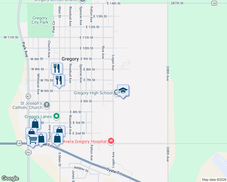 map of restaurants, bars, coffee shops, grocery stores, and more near 599 Logan Avenue in Gregory
