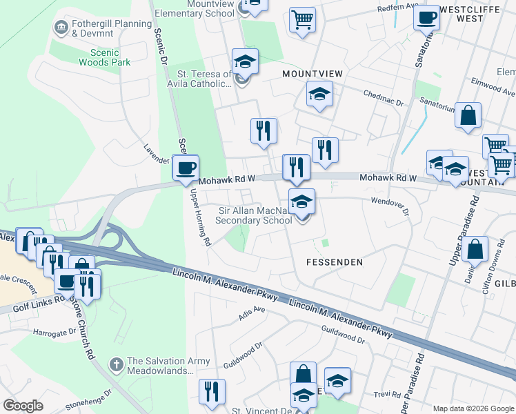 map of restaurants, bars, coffee shops, grocery stores, and more near 21 Elora Drive in Hamilton