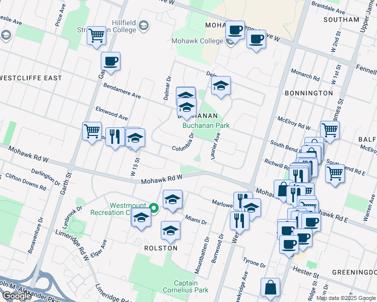 map of restaurants, bars, coffee shops, grocery stores, and more near 26 Leadale Place in Hamilton