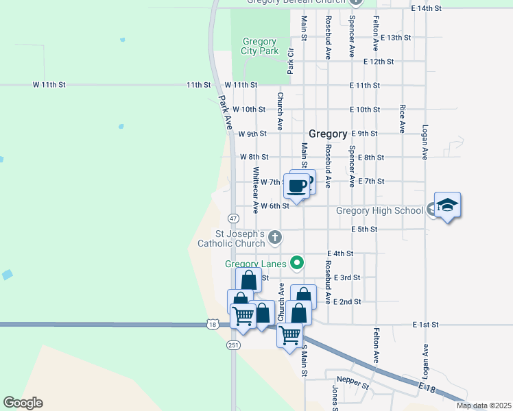 map of restaurants, bars, coffee shops, grocery stores, and more near 601 Whittecar Avenue in Gregory