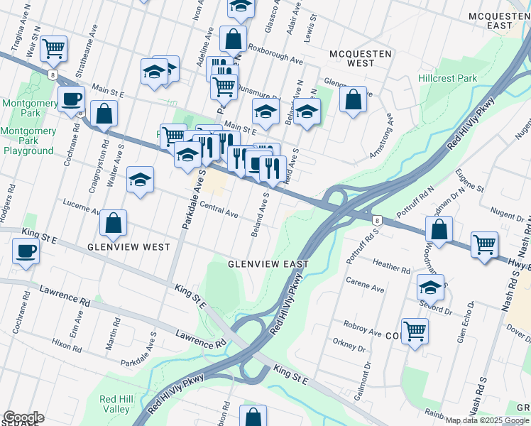 map of restaurants, bars, coffee shops, grocery stores, and more near 105 Beland Avenue South in Hamilton
