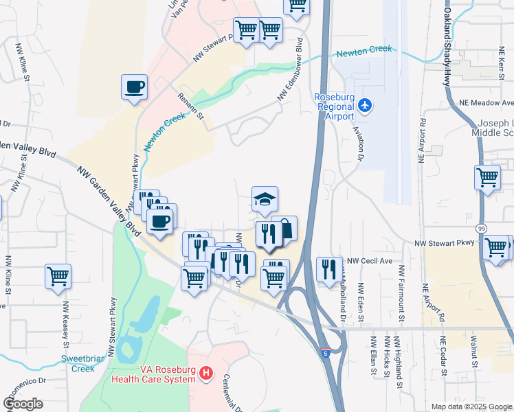 map of restaurants, bars, coffee shops, grocery stores, and more near 25 Northwest Mountain View Street in Roseburg