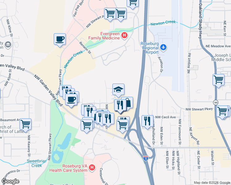 map of restaurants, bars, coffee shops, grocery stores, and more near 26 Northwest Mountain View Street in Roseburg