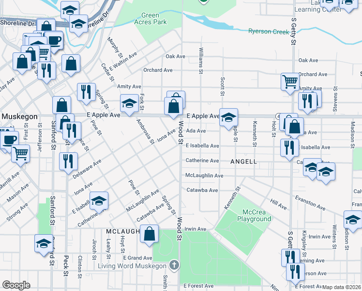 map of restaurants, bars, coffee shops, grocery stores, and more near 399 East Isabella Avenue in Muskegon