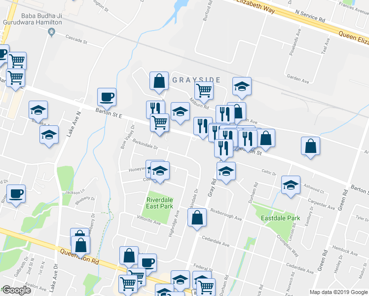 map of restaurants, bars, coffee shops, grocery stores, and more near 2782 Barton Street East in Hamilton