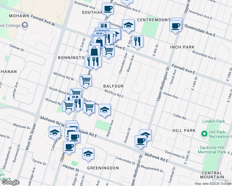 map of restaurants, bars, coffee shops, grocery stores, and more near 86 Warren Avenue in Hamilton