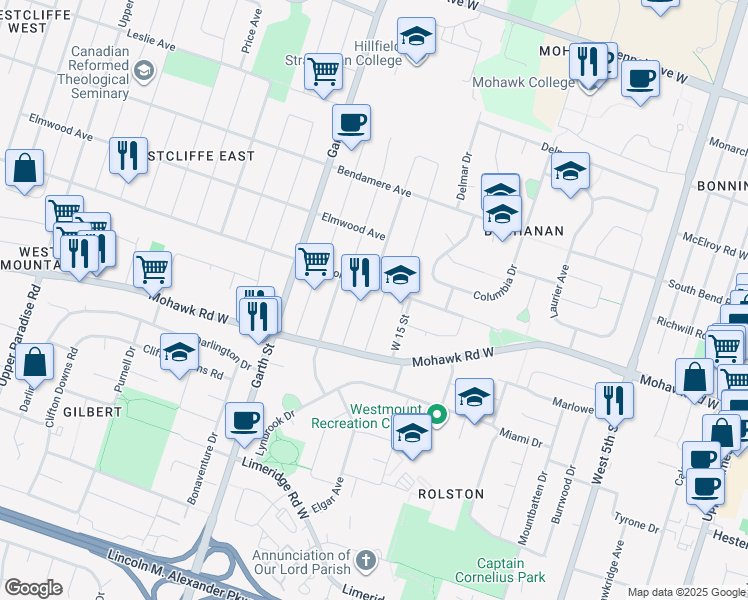 map of restaurants, bars, coffee shops, grocery stores, and more near in Hamilton