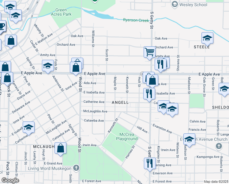 map of restaurants, bars, coffee shops, grocery stores, and more near 600 East Isabella Avenue in Muskegon