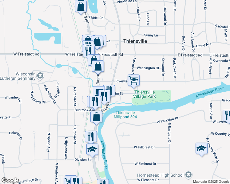 map of restaurants, bars, coffee shops, grocery stores, and more near 206 Elm Street in Thiensville