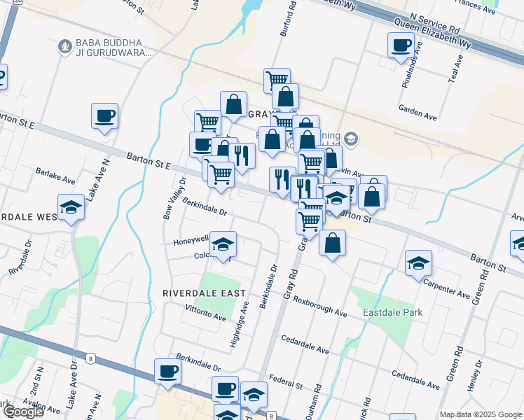 map of restaurants, bars, coffee shops, grocery stores, and more near Bell Manor Street in Hamilton