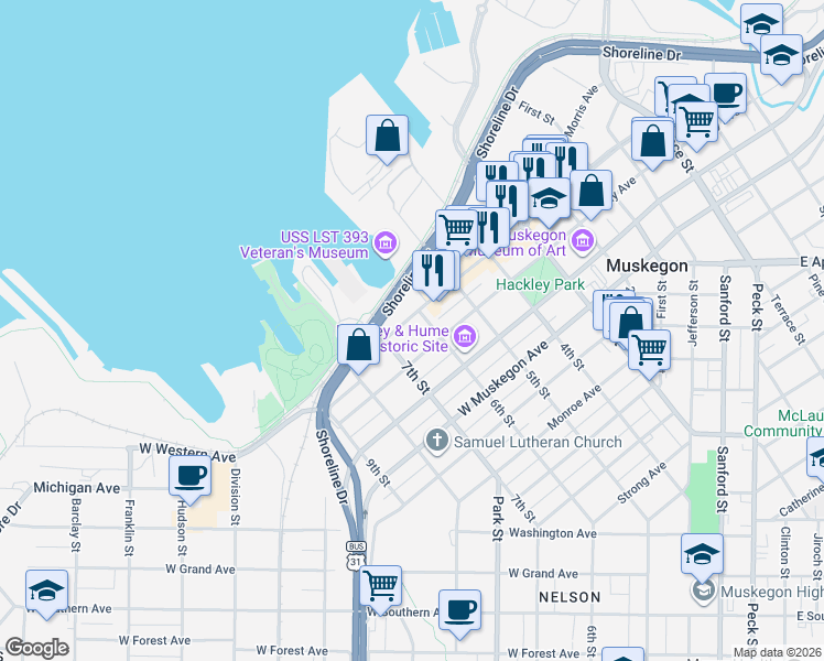 map of restaurants, bars, coffee shops, grocery stores, and more near 593 West Western Avenue in Muskegon