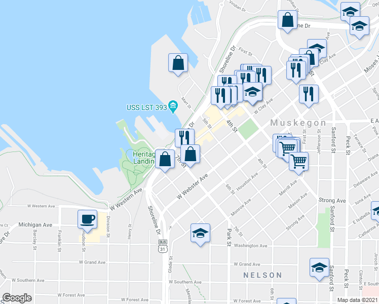 map of restaurants, bars, coffee shops, grocery stores, and more near 593 West Western Avenue in Muskegon