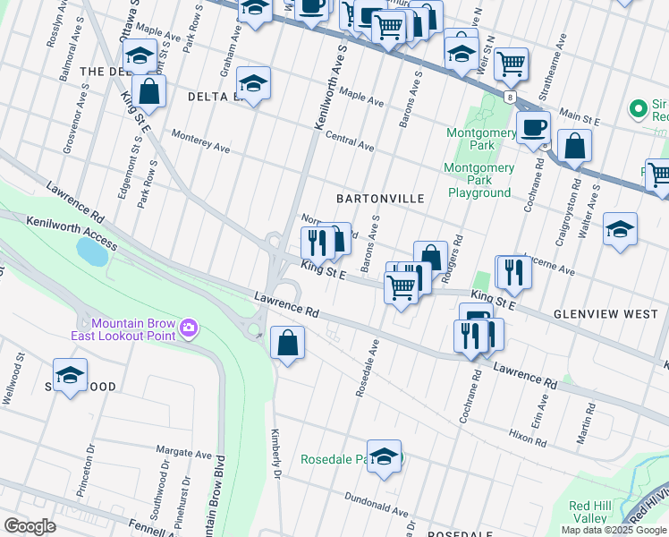 map of restaurants, bars, coffee shops, grocery stores, and more near 130 Cameron Avenue South in Hamilton