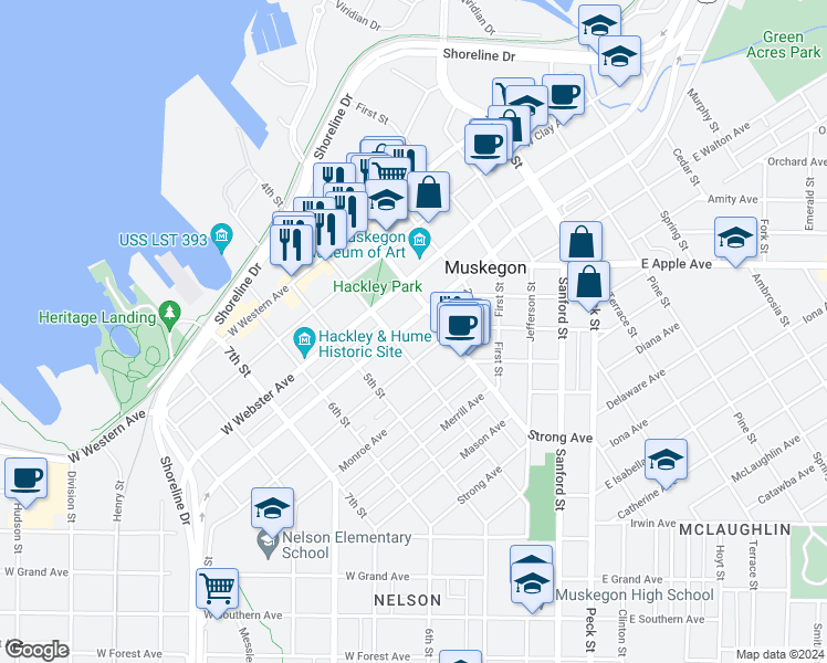 map of restaurants, bars, coffee shops, grocery stores, and more near 317 West Muskegon Avenue in Muskegon