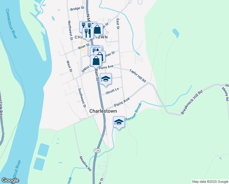 map of restaurants, bars, coffee shops, grocery stores, and more near 52 Olcott Lane in Charlestown