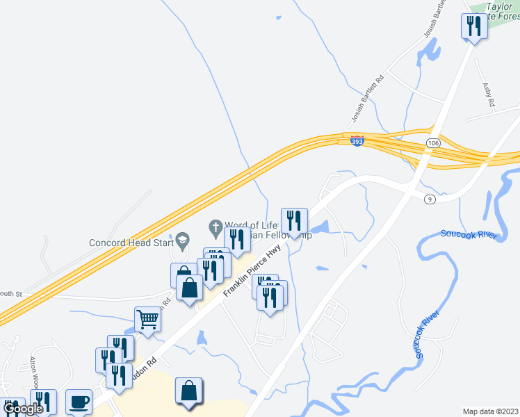 map of restaurants, bars, coffee shops, grocery stores, and more near 103 Old Loudon Road in Concord