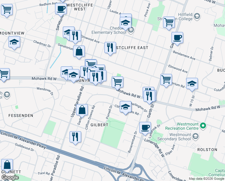 map of restaurants, bars, coffee shops, grocery stores, and more near 541 Mohawk Road West in Hamilton