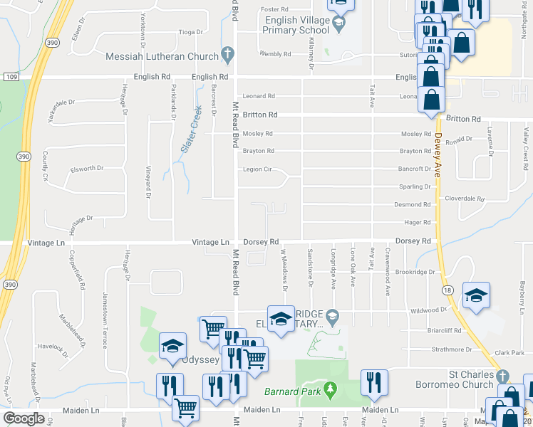 map of restaurants, bars, coffee shops, grocery stores, and more near 2 White Hall Drive in Rochester