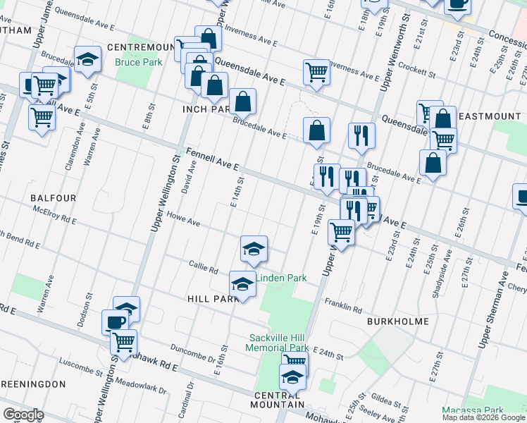 map of restaurants, bars, coffee shops, grocery stores, and more near 328 East 16th Street in Hamilton