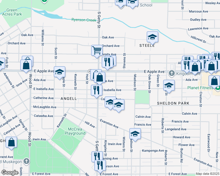 map of restaurants, bars, coffee shops, grocery stores, and more near 870 East Isabella Avenue in Muskegon