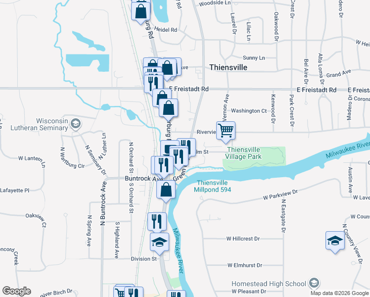 map of restaurants, bars, coffee shops, grocery stores, and more near 163 Green Bay Road in Thiensville