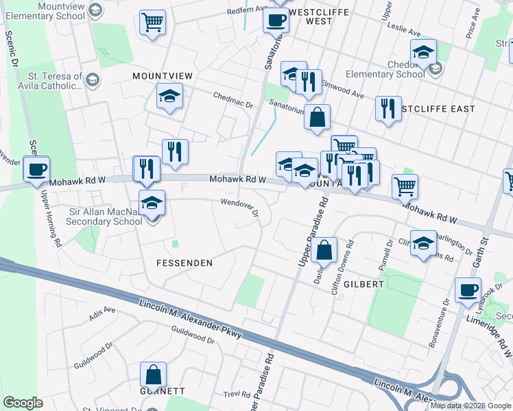 map of restaurants, bars, coffee shops, grocery stores, and more near 141 Wendover Drive in Hamilton