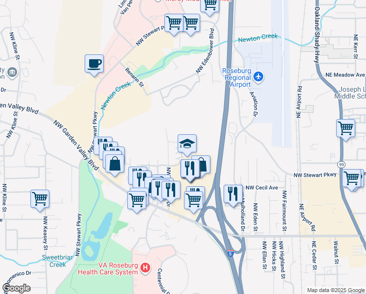 map of restaurants, bars, coffee shops, grocery stores, and more near 27 Northwest Mountain View Street in Roseburg