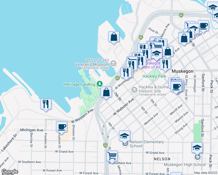 map of restaurants, bars, coffee shops, grocery stores, and more near Shoreline Drive in Muskegon