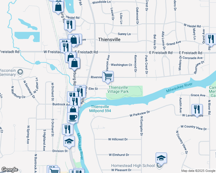 map of restaurants, bars, coffee shops, grocery stores, and more near 250 Elm Street in Thiensville