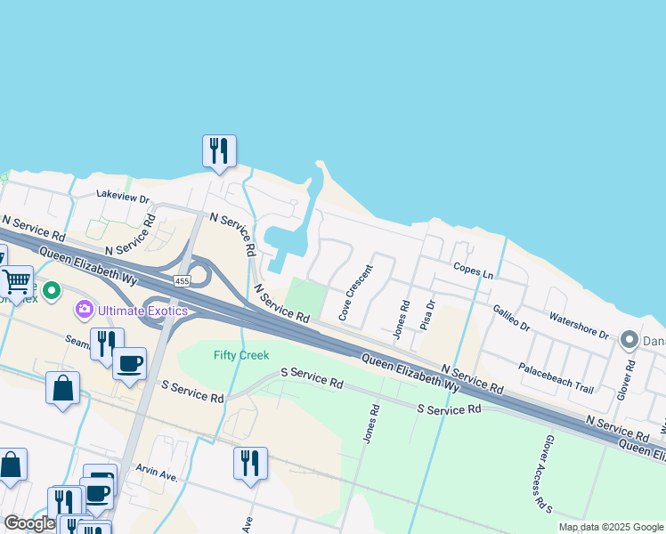 map of restaurants, bars, coffee shops, grocery stores, and more near 30 Waterford Crescent in Hamilton